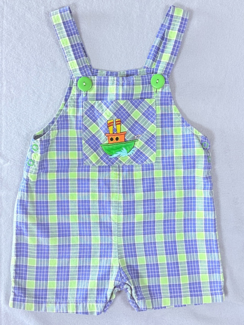 24M Basics Basics Plaid Jon Jon Boat Embroidered Shortall Romper
